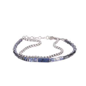 Mens Iron Saints Blue & Silver Bead Box Chain Layered Bracelets