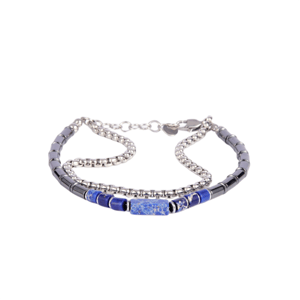 Mens Iron Saints Silver & Blue Bead Box Chain Layered Bracelets