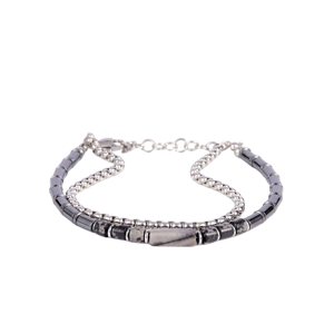 Mens Iron Saints Silver Dual-Layer Blue Bead Id Plate Bracelet