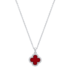 Saffron Red Clover Pendant with Moissanite Diamond Halo Necklace