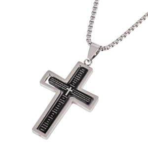 Mens Iron Saints Our Father Prayer Silver & Black Cross Necklace