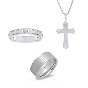 Mens Iron Saints Faith Silver Lords Prayer Engraved 3pc. Set