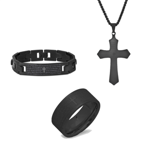 Mens Iron Saints Faith Black Lords Prayer Engraved 3pc. Set