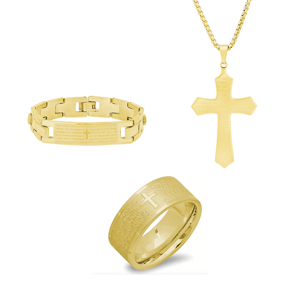Mens Iron Saints Faith 18kt. Gold-Plating Lords Prayer 3pc. Set