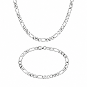 Mens Iron Saints 6mm Figaro Link Silver Necklace & Bracelet Set
