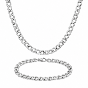 Mens Iron Saints 5mm Cuban Link Silver-Tone Necklace/Bracelet Set