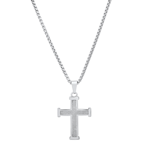 Mens Iron Saints Textured Silver Cross Box Chain Necklace