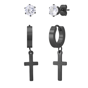 Saffron Black- Tone Stainless Steel Cross Hoop & Stud Earring Set