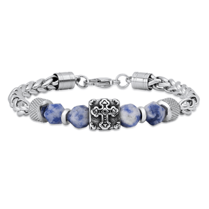 Mens Iron Saints Cross Blue Stone Bead Chain Bracelet