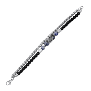 Mens Iron Saints Lion Blue Stone Bead Chain Bracelet