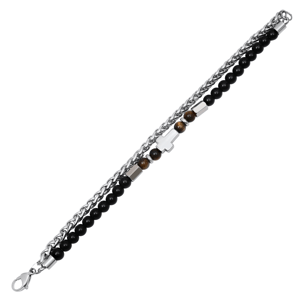 Mens Iron Saints Cross Tigers Eye Beaded Chain Bracelet