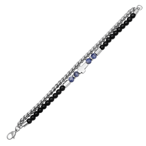 Mens Iron Saints Cross Blue Stone Beaded Chain Bracelet
