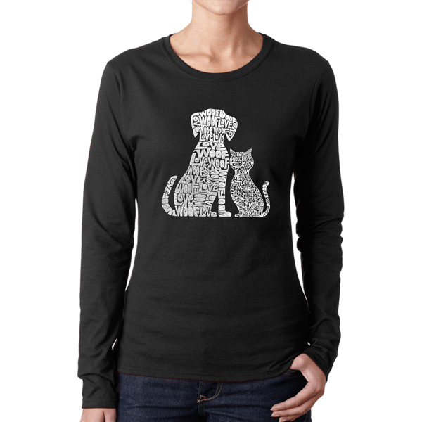 Womens LA Pop Art Dog and Cat Word Art Long Sleeve Tee
