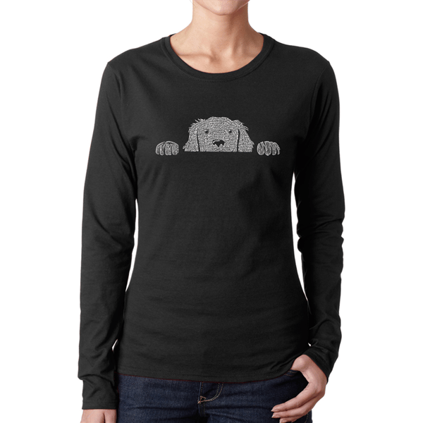 Womens LA Pop Art Peeking Dog Word Art Long Sleeve Tee