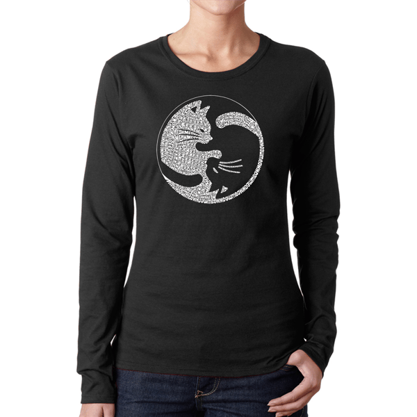 Womens LA Pop Art Yin Yang Cat Word Art Long Sleeve Tee
