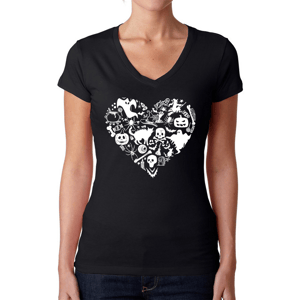 Womens LA Pop Art Halloween Heart Word Art V Neck Tee