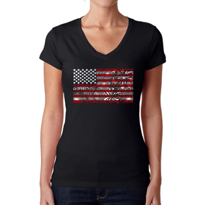 Womens LA Pop Art Fireworks American Flag Word Art V-Neck T-Shirt