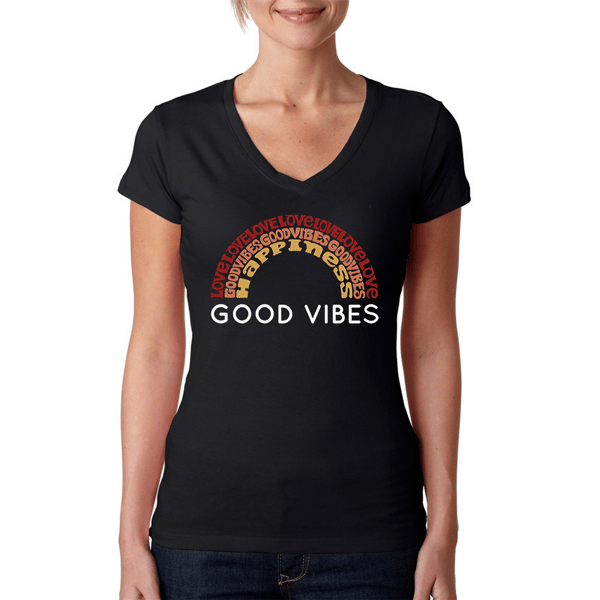 Womens LA Pop Art Good Vibes Word Art V Neck Tee