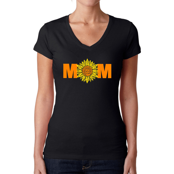 Womens LA Pop Art Mom Sunflower Word Art V-Neck Graphic Tee