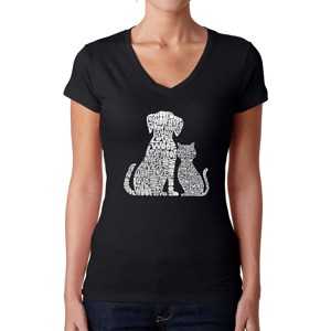Womens LA Pop Art Dogs and Cats Word Art V Neck Tee