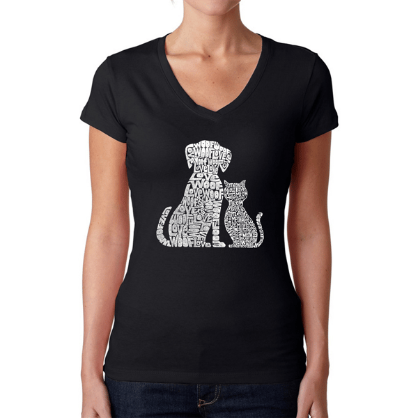 Womens LA Pop Art Dogs and Cats Word Art V Neck Tee
