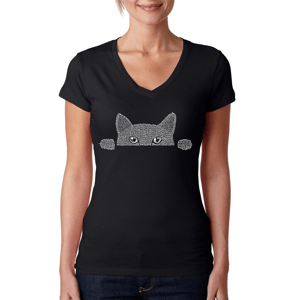 Womens LA Pop Art Peeking Cat Word Art V-Neck Tee