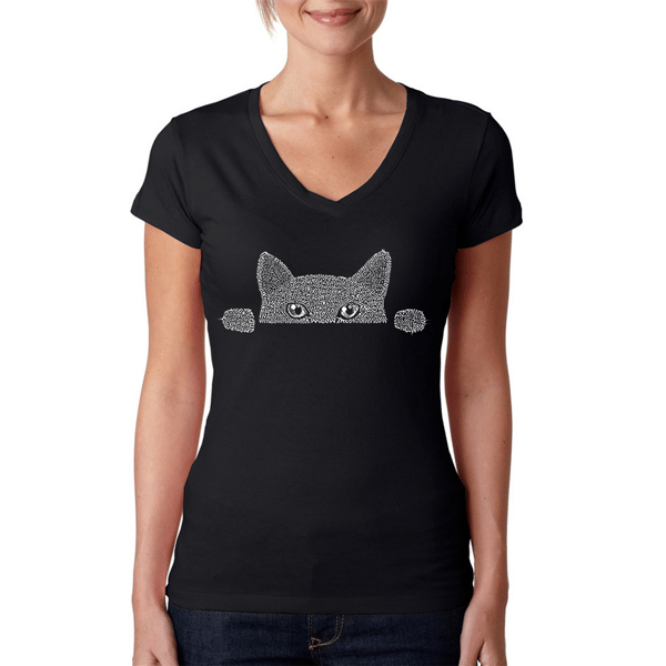 Womens LA Pop Art Peeking Cat Word Art V-Neck Tee
