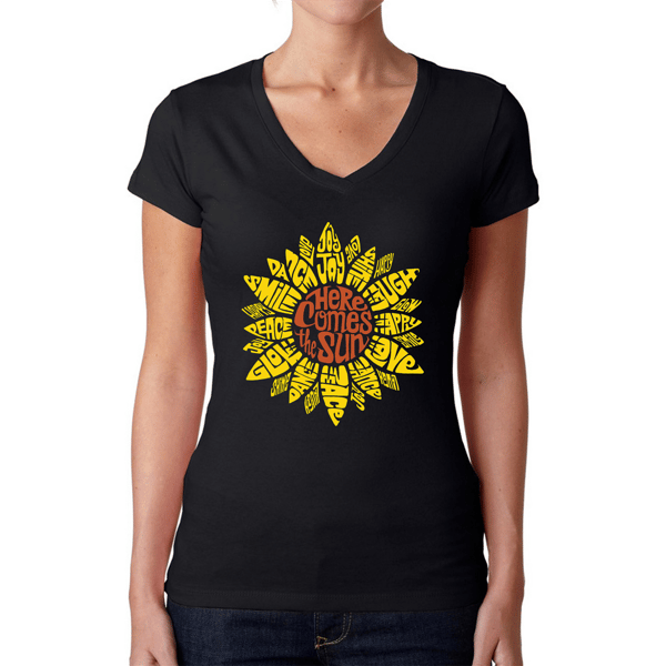 Womens LA Pop Art Sunflower Word Art V-Neck Graphic Tee