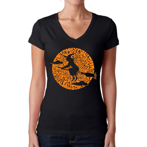 Womens LA Pop Art Spooky Witch Word Art V-Neck Graphic Tee