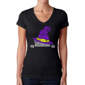 Plus Size LA Pop Art Peeking Witch Hat Cat Word Art V-Neck Tee