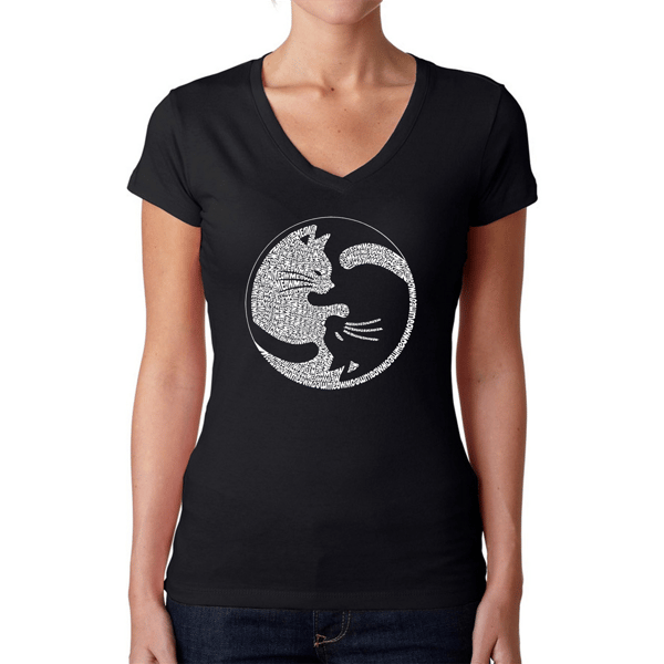 Womens LA Pop Art Yin Yang Cat Word Art V-Neck Tee