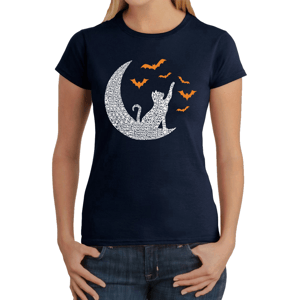 Womens LA Pop Art Lunar Cat and Bats Word Art Short Sleeve Tee