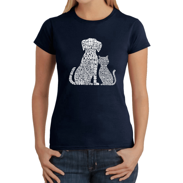 Womens LA Pop Art Dog and Cat Word Art Tee