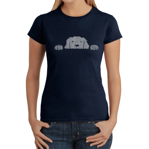 Womens LA Pop Art Peeking Dog Word Art Tee