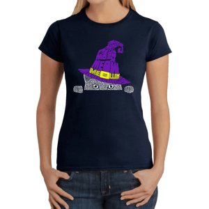 Womens LA Pop Art Peeking Witch Cat Word Art Tee