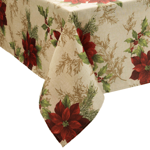 Threadmade Festive Poinsettia Holiday Fabric Tablecloth