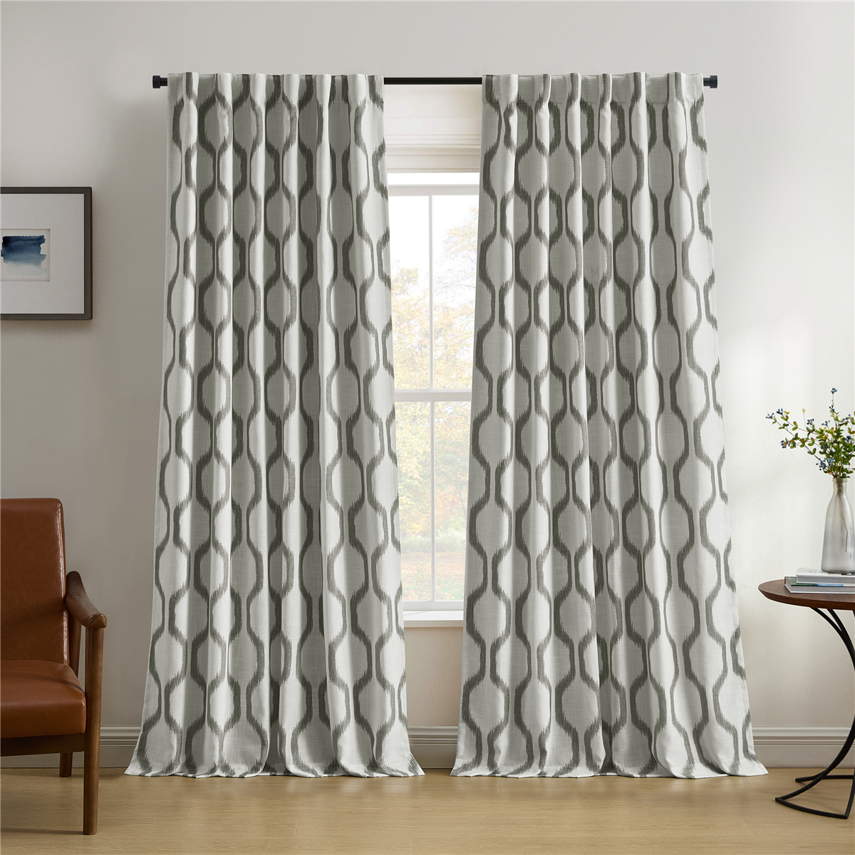 Threadmade Renzo Ikat Geometric Linen Room Darkening Rod Pocket/Back Tab Curtain - Light gray
