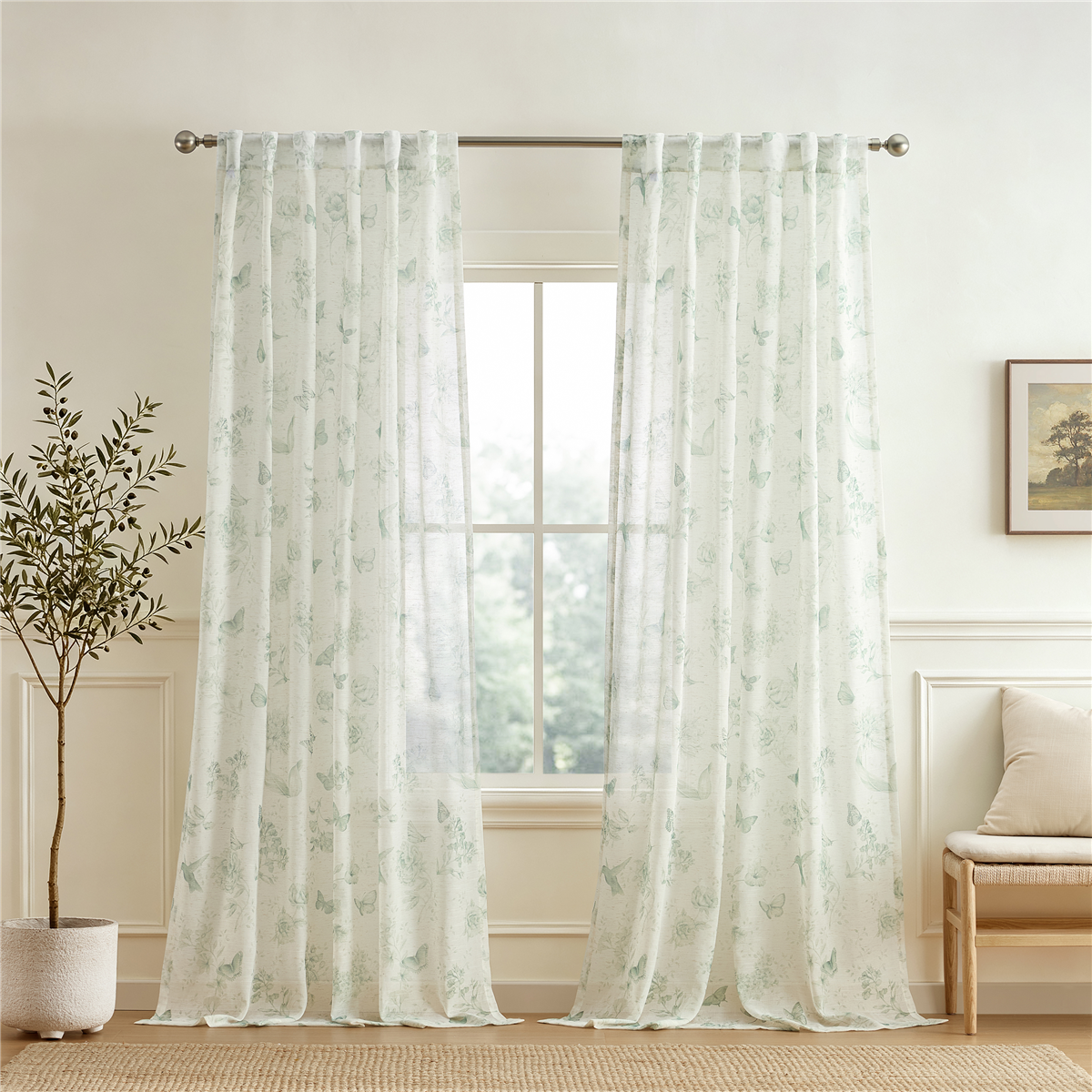 Lenox Butterfly Meadow Toile Rod Pocket Back Tab Sheer Single Curtain Panel, One Size, Blue