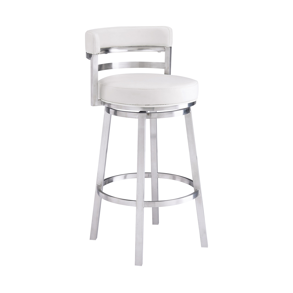 Madrid 30in Swivel Bar Stool in Gold Brushed Stainless Steel with White Faux Leather