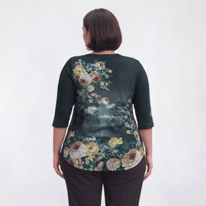 Plus Size OneWorld 3/4 Sleeve Stud Embellished Floral Cat Tee alternate view